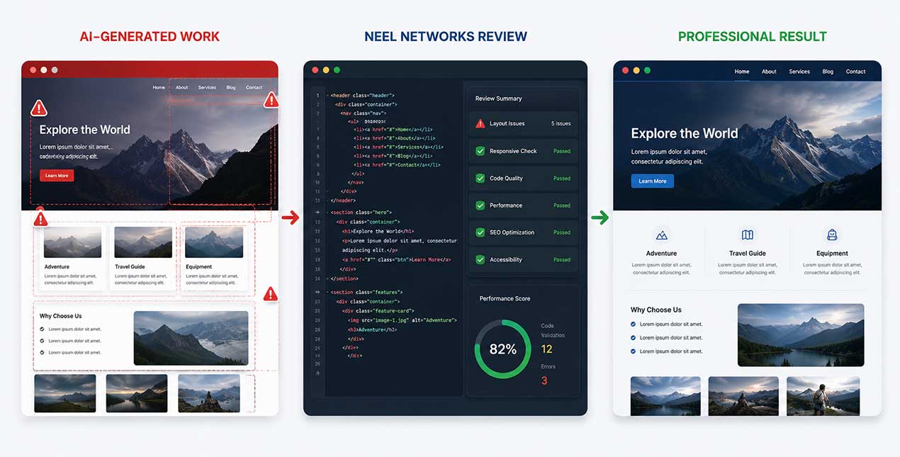 AI-generated website transformed into a professional, production-ready website by Neel Networks