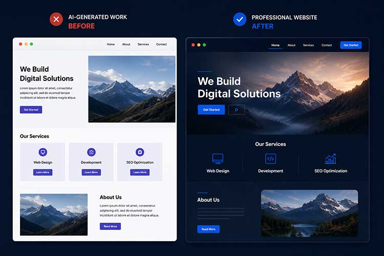 Before and after UI UX comparison of an AI-generated website
