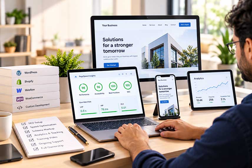 A website being checked on a phone, tablet and laptop side by side