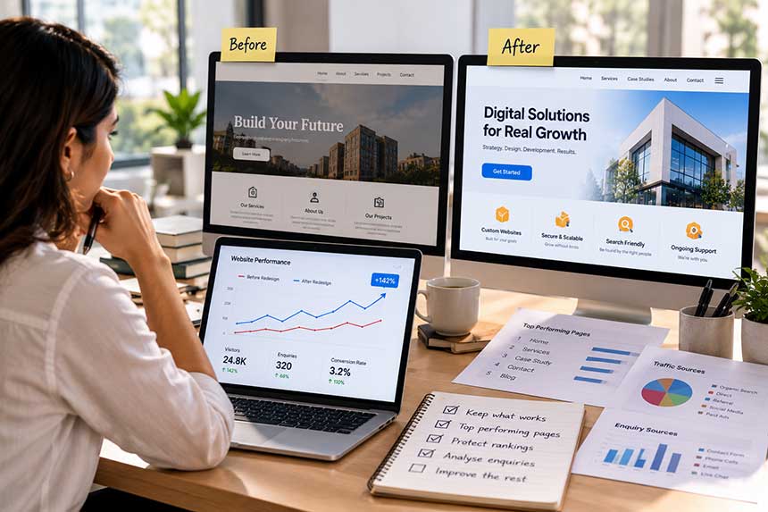 Before and after versions of a website compared on screen
