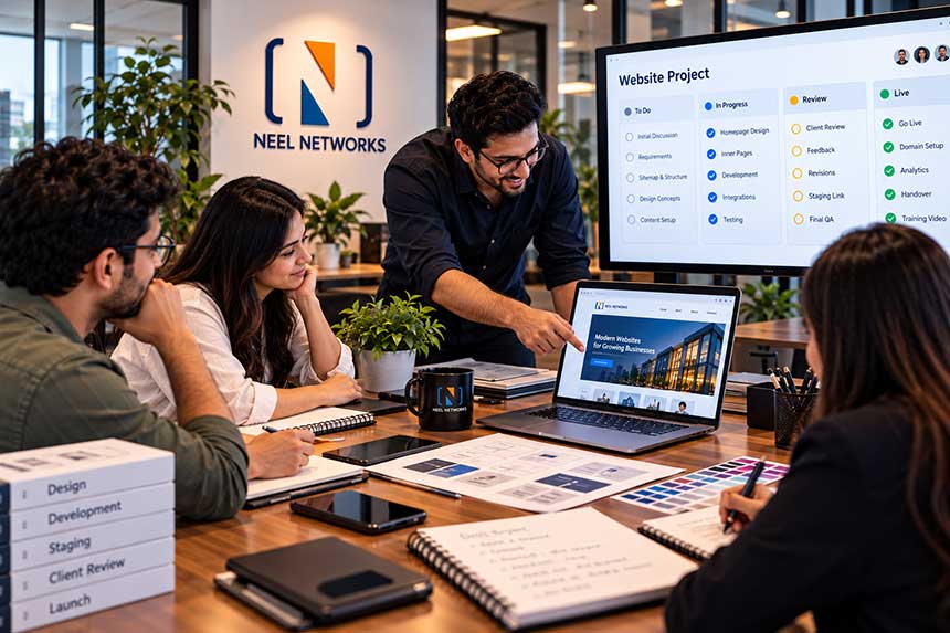 A project plan and staging link open on a laptop during a client review