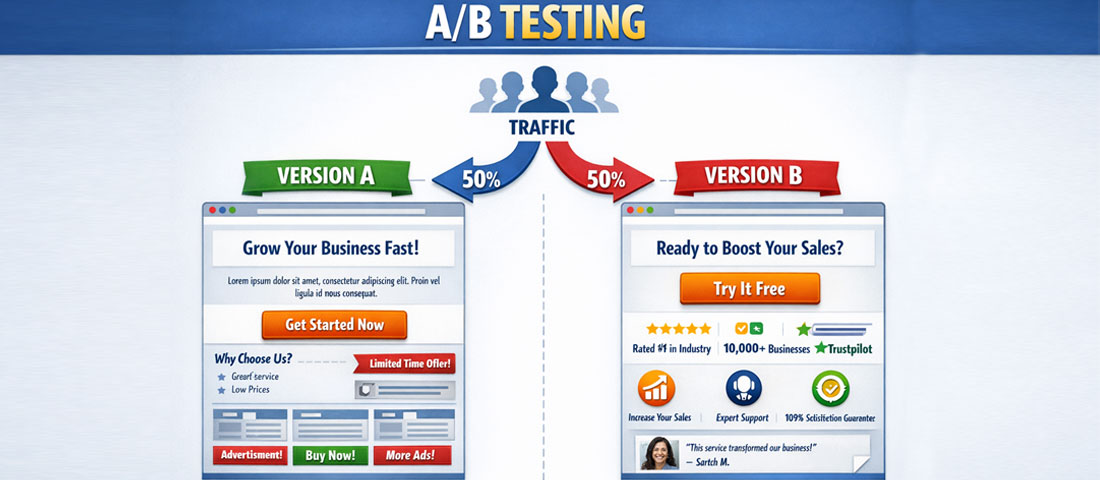A/B testing concept showing two webpage versions being tested simultaneously with traffic split to identify which version converts better