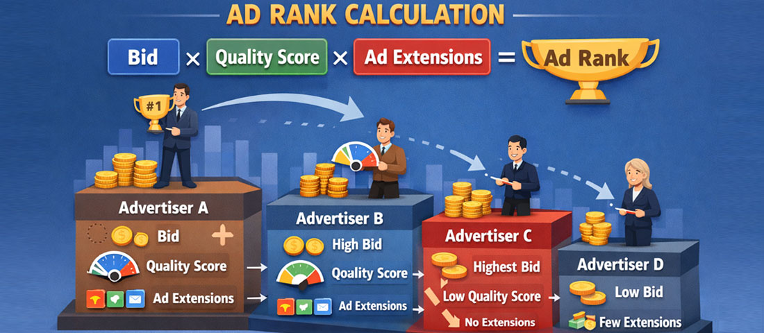 Google Ads auction Ad Rank calculation diagram showing bid amount multiplied by quality score and ad extensions determining ad position