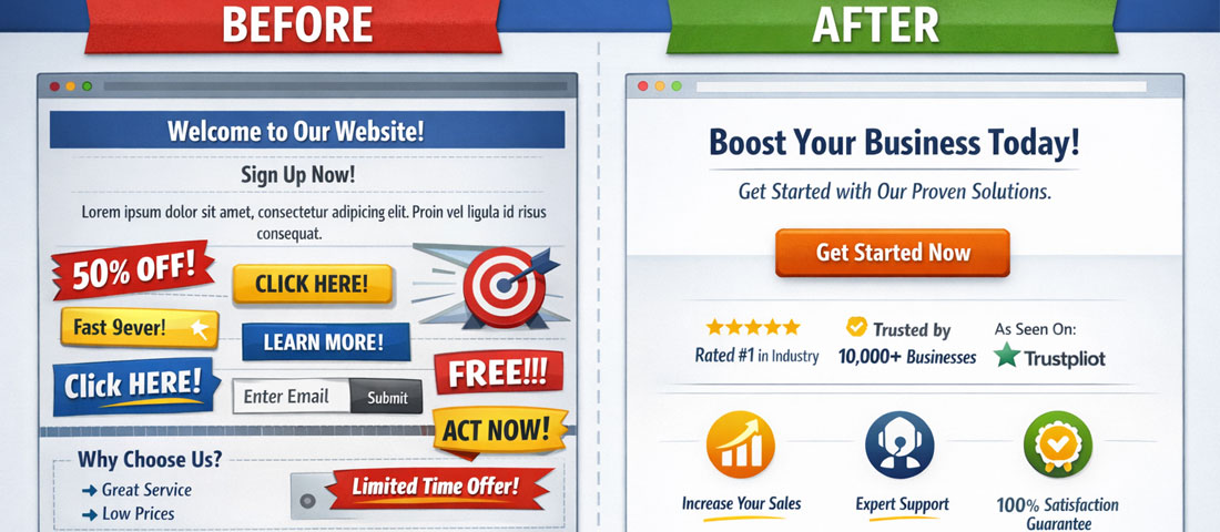 CRO before and after comparison showing low-converting webpage with weak design versus optimised high-converting page with clear CTA and trust signals
