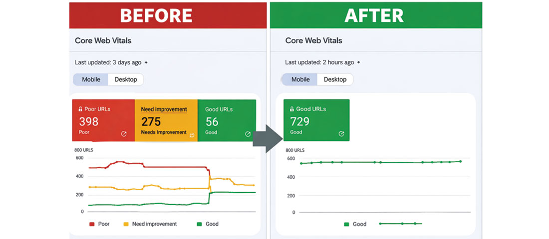 Google Search Console Core Web Vitals report before and after website speed optimisation showing improvement from poor scores to good scores