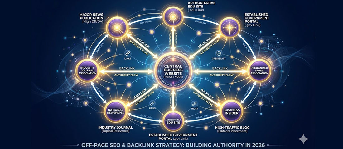 Off-page SEO and backlink strategy showing authoritative domains linking to business website representing domain authority building in 2026