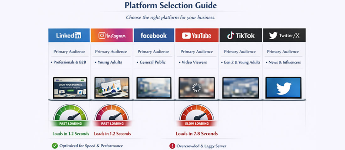 Social media platform selection guide showing LinkedIn Instagram Facebook YouTube TikTok audience types and best content formats for each