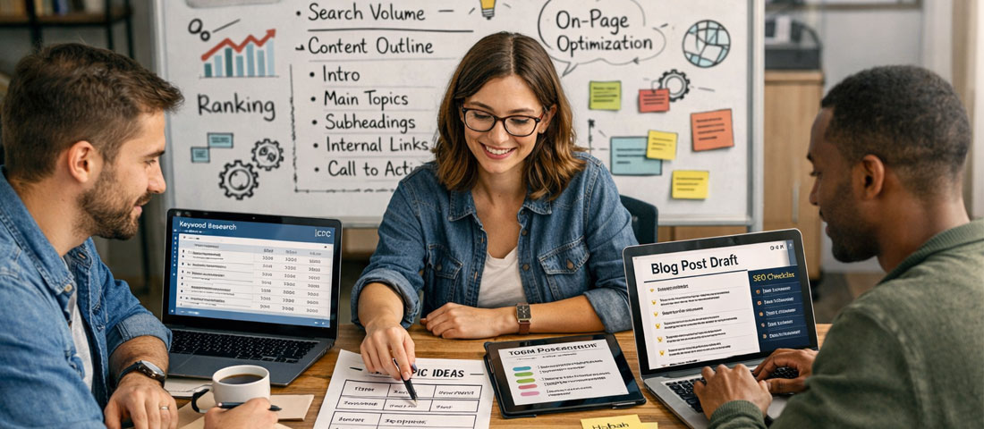 Content marketing team creating SEO-optimised blog post with keyword research and structured content planning for organic traffic growth