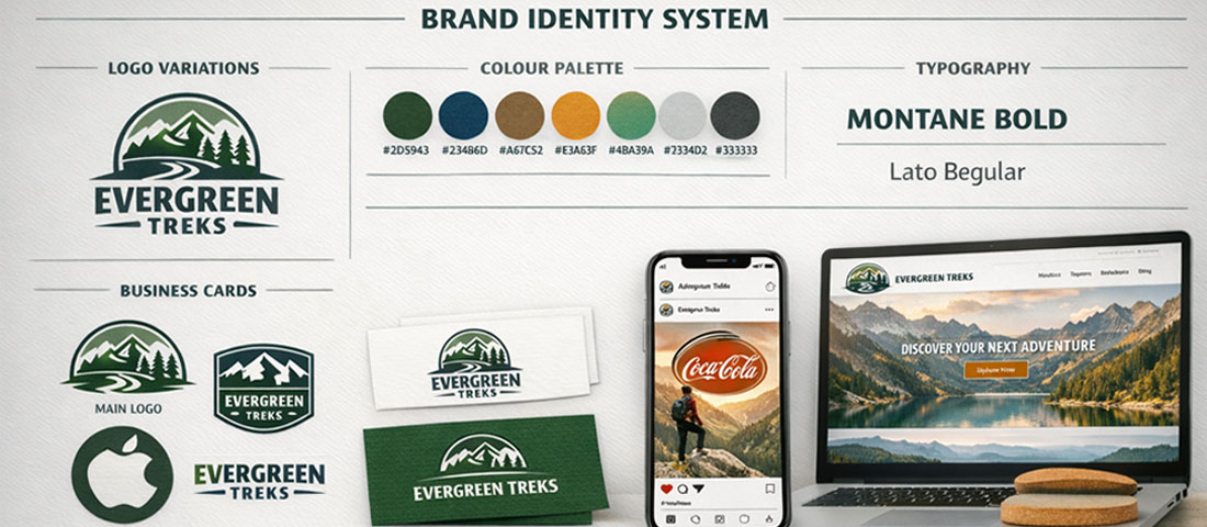 Complete brand identity system spread showing logo variations, colour palette, typography, business cards and digital mockups
