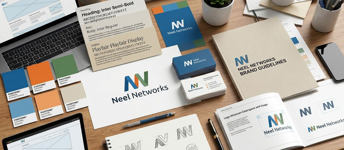 Brand identity system spread on a designer's desk showing logo, colour swatches, typography samples, business cards and brand guidelines document