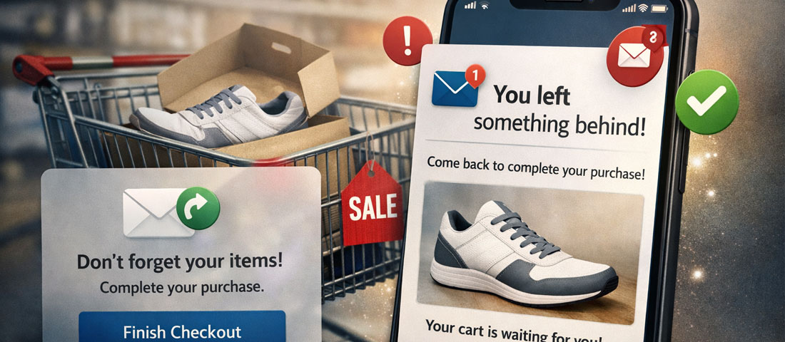 eCommerce cart abandonment recovery showing abandoned shopping cart with recovery email notification representing lost sales recovery strategy