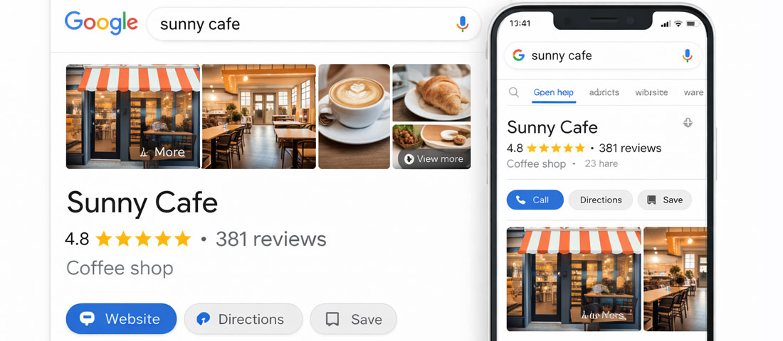 Google Business Profile fully optimised showing business name photos star rating opening hours address and phone number on desktop and mobile
