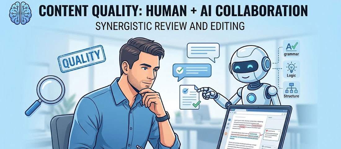 Human expert reviewing AI-generated content on laptop representing best practice for AI-assisted SEO content creation in 2026