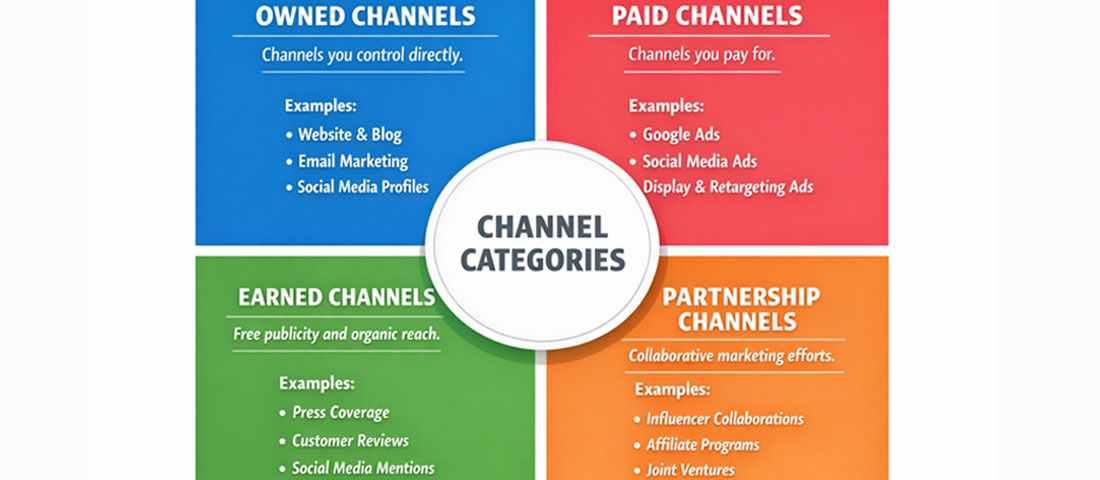 Digital marketing channel categories diagram showing owned paid earned and partnership channels with examples of each type