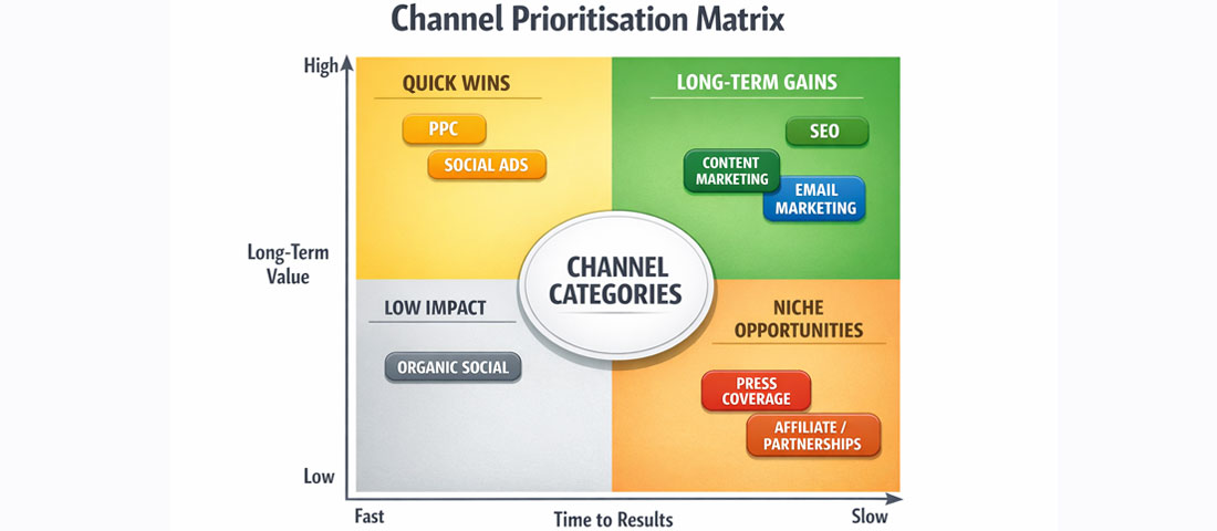 Digital marketing channel prioritisation matrix showing time to results versus long-term value for SEO PPC email social and content marketing