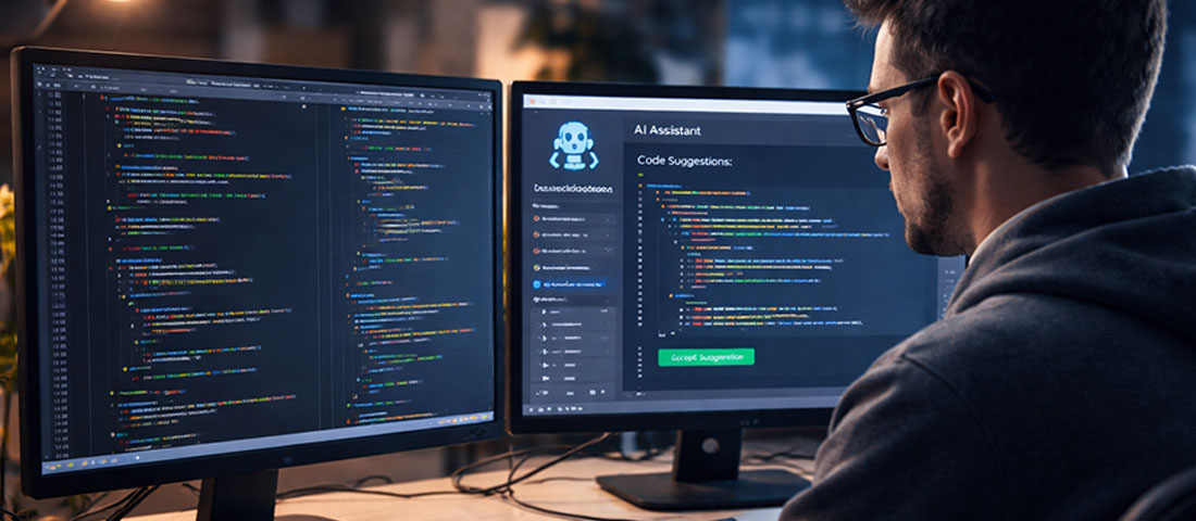 AI changing web development in 2026 showing developer using AI coding assistant tools alongside traditional programming on dual monitors