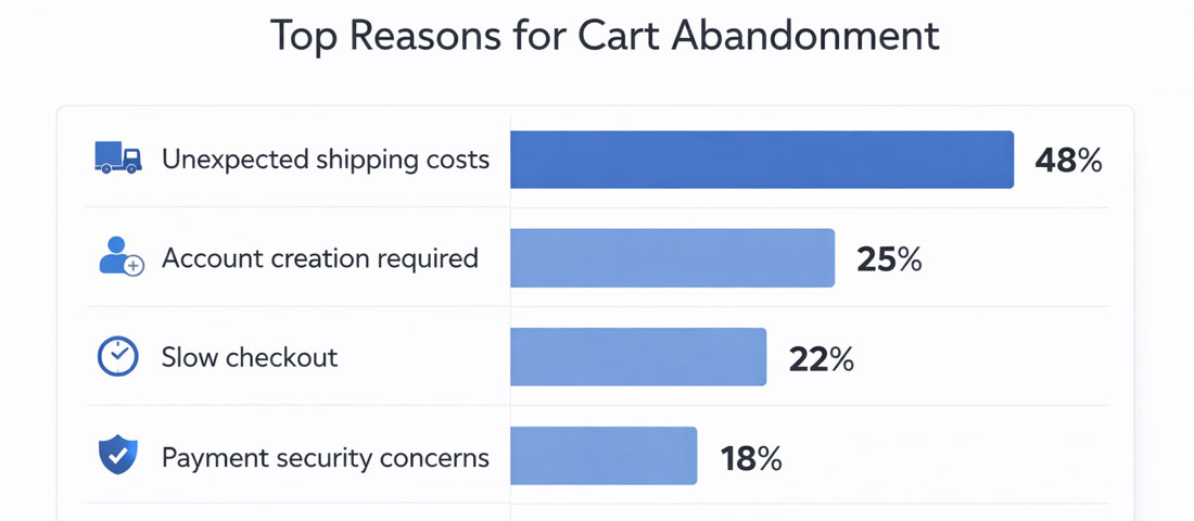 Top reasons for eCommerce cart abandonment chart showing unexpected shipping costs account creation and checkout complexity as main causes