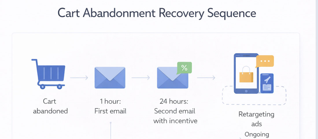 Cart abandonment recovery sequence showing automated email SMS and retargeting strategy timeline for recovering lost eCommerce sales