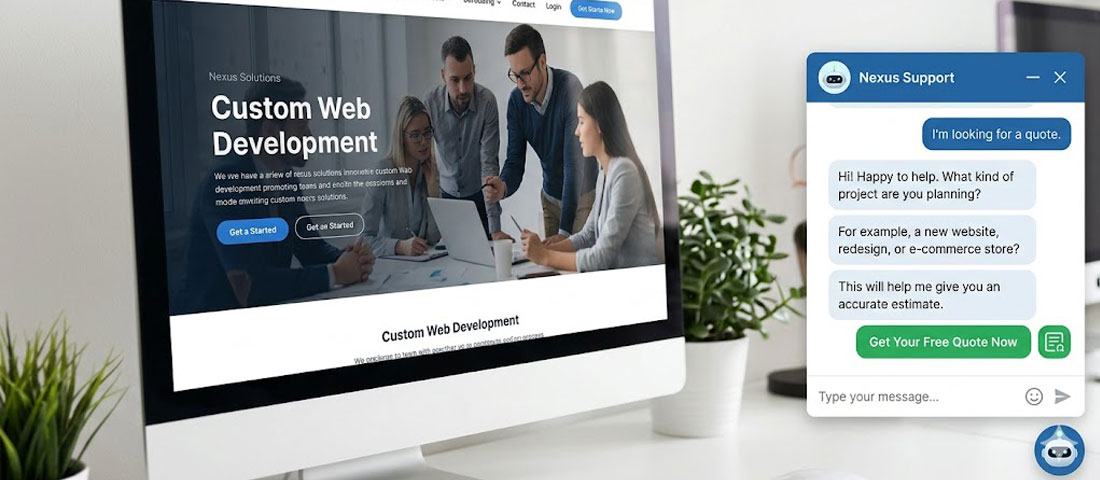 AI chatbot widget on a business website providing 24 hour customer support and lead capture automation for business owners