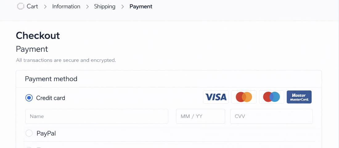 eCommerce payment gateway options showing credit cards PayPal Apple Pay Google Pay Klarna and UPI payment methods on checkout page