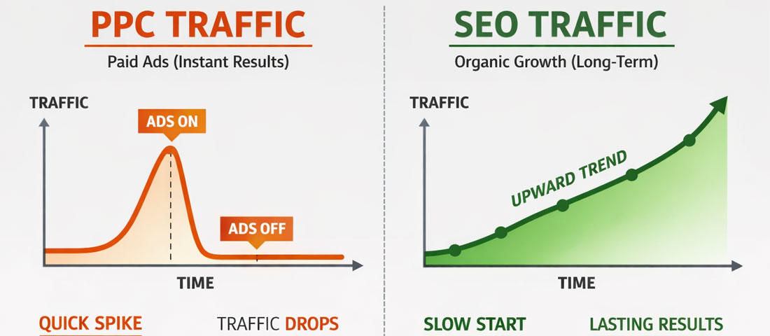 SEO versus PPC traffic comparison graph showing organic traffic growing over time versus paid traffic dropping to zero when ad spend stops