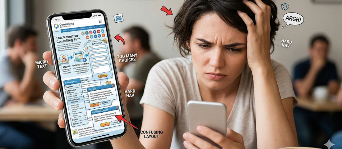 Frustrated user on smartphone struggling with poor website UX showing small text difficult navigation and conversion-killing design mistakes