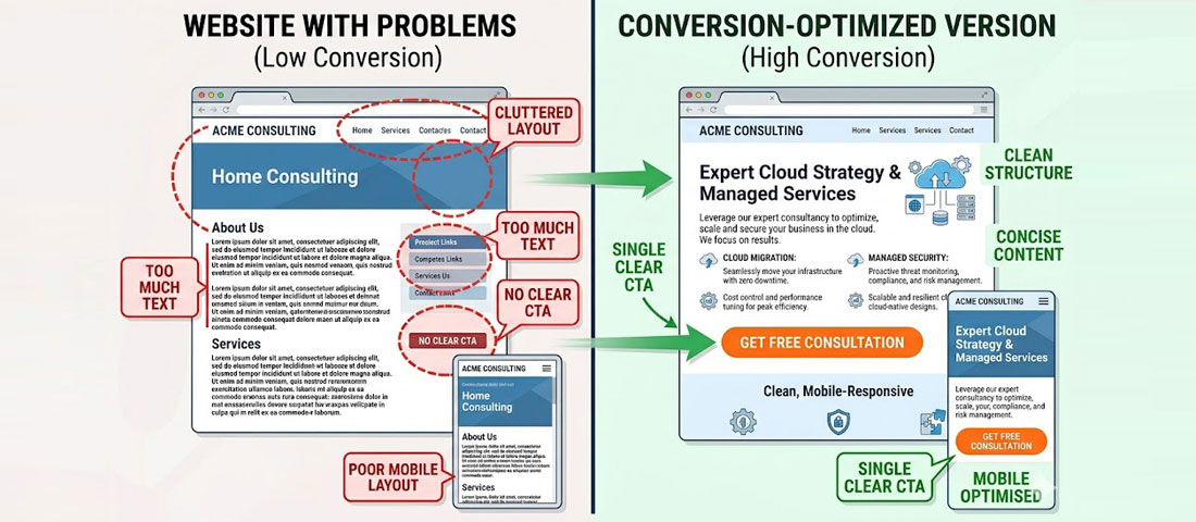 Website design mistakes that kill conversions showing cluttered layout versus clean conversion-optimised website design comparison