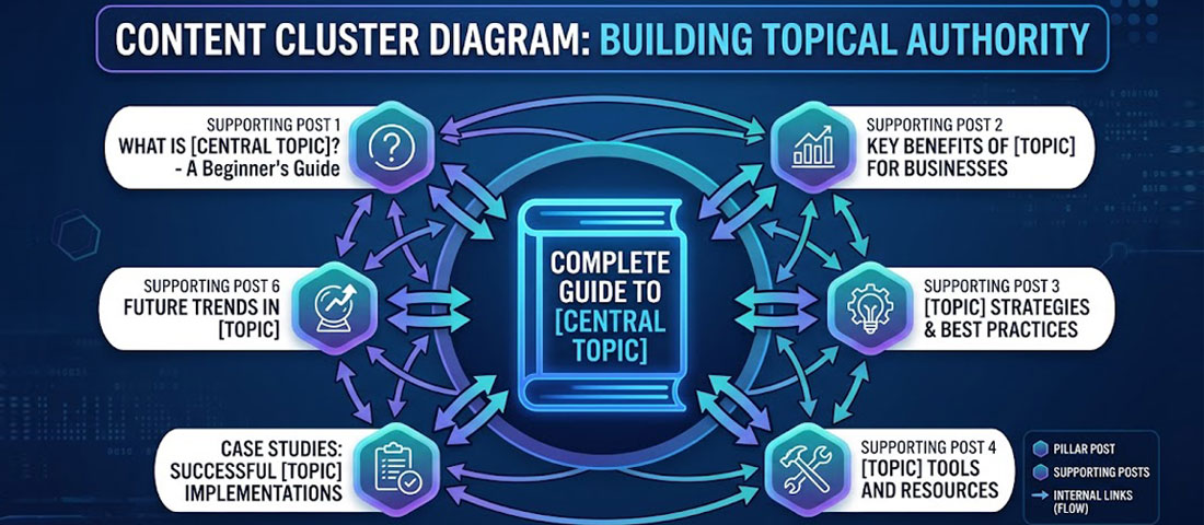 Content cluster strategy diagram showing pillar post at centre connected to supporting posts with internal links for WordPress blog topical authority building