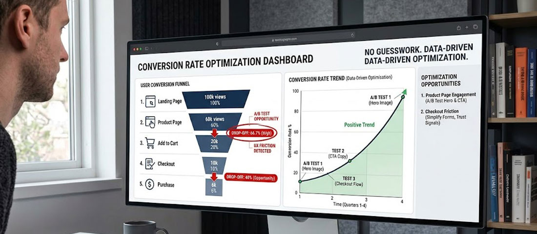 Conversion rate optimisation CRO tactics showing website analytics funnel and improving conversion rate graph for better business results in 2026