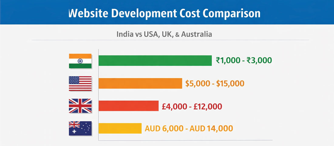 Website development cost comparison showing India versus USA UK and Australia pricing with typical ranges for professional business websites