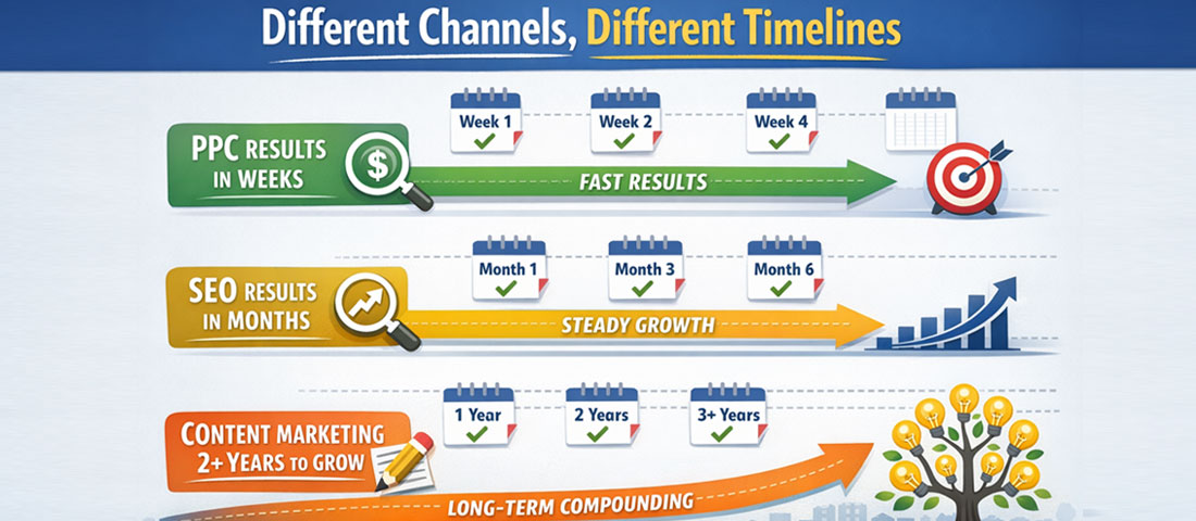 Digital marketing timeline showing different result timelines for PPC in weeks SEO in months and content marketing compounding over years