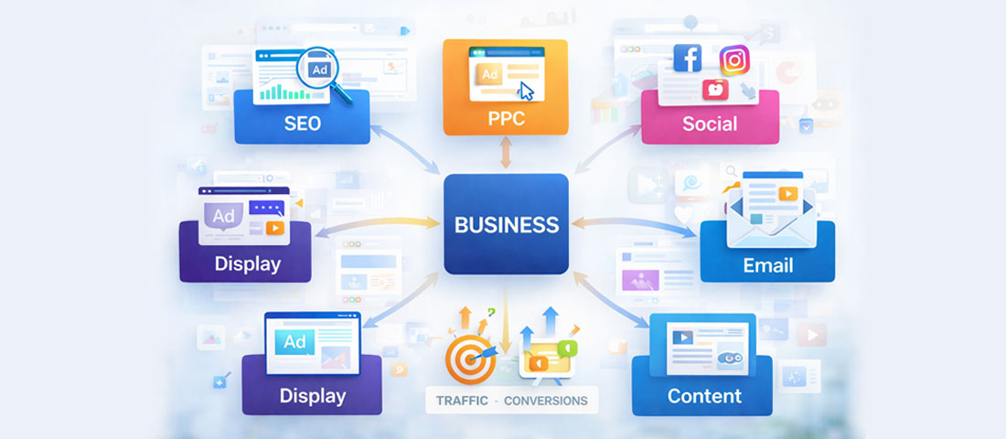 Digital marketing channels overview showing SEO PPC social media email content marketing and display advertising driving business growth in 2026