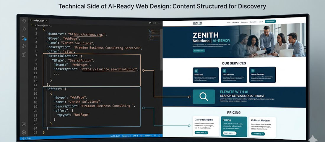 AI-ready web design showing structured data schema markup code alongside clean website design for search optimization in 2026