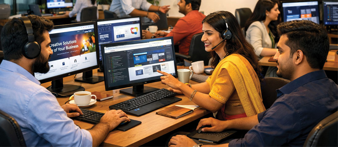 Professional Indian web design agency team working in modern office environment serving international clients from USA UK Canada and Australia