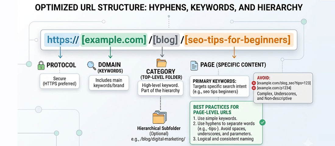 Diagram showing correct URL structure with hyphens, keywords, and logical hierarchy