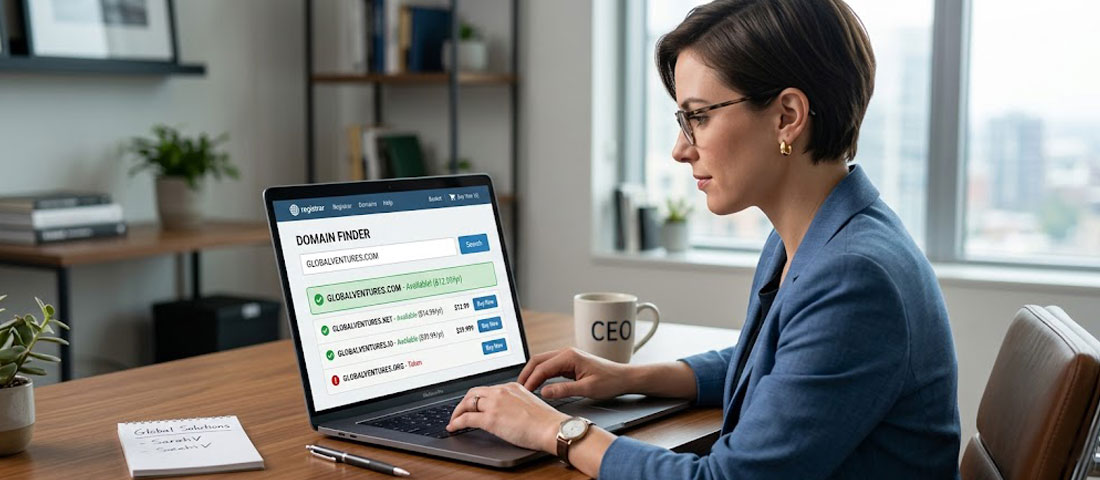 Business owner researching domain name options on a laptop with domain registrar interface showing availability search results