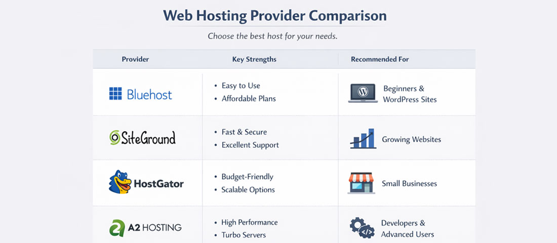 Best web hosting providers 2026 comparison showing managed WordPress cloud and general hosting options with key features and recommended use cases