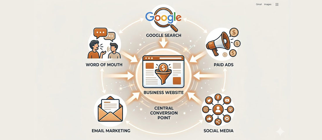 Business website as central digital marketing hub showing connections from Google search social media email and paid advertising channels