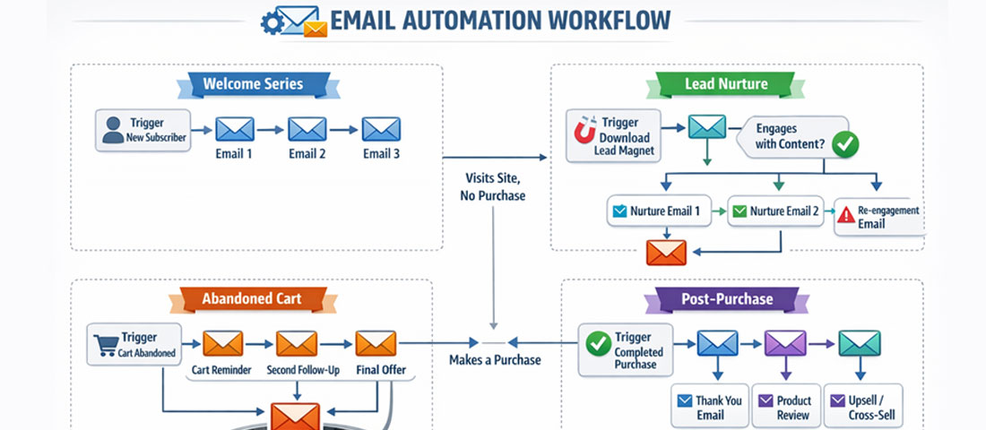 Email marketing automation workflow showing welcome series lead nurture abandoned cart and post-purchase sequences for business email strategy