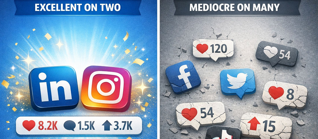Social media platform focus showing strong engagement on two platforms versus mediocre presence across many platforms for better marketing results