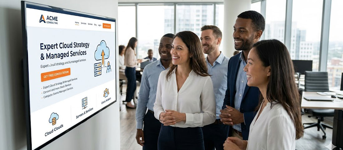 Business team reviewing successful website redesign on laptop showing modern professional website that generates leads and builds credibility