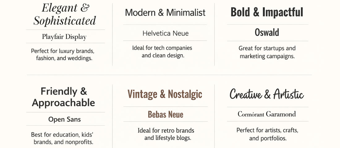 Six font pairing examples shown at heading and body copy scale with descriptive labels for each combination's character and use case