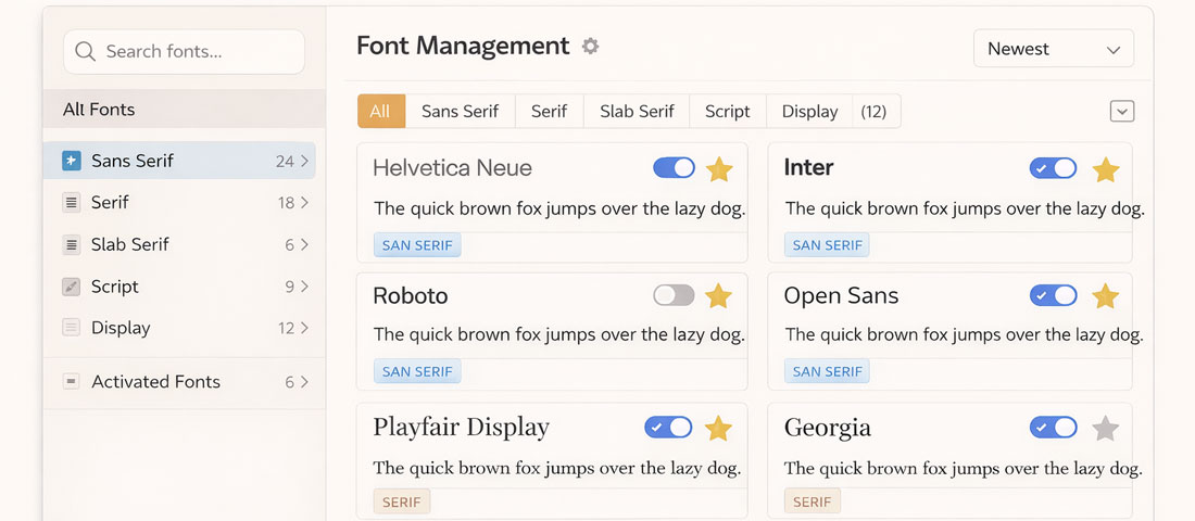 Font management interface showing organised font library with categories, previews and activation controls