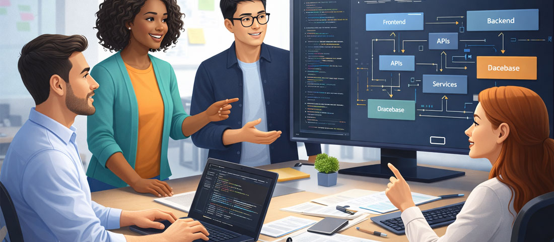 Professional web development team collaborating on custom web application development project showing skilled developers working on architecture and code