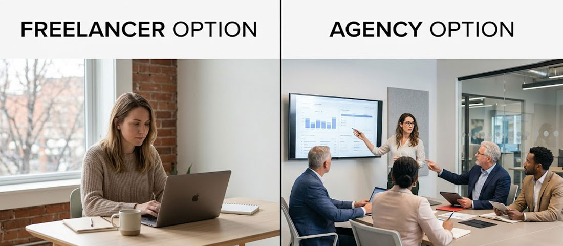 Web design agency versus freelancer comparison showing solo freelancer working independently versus professional agency team collaborating on a project