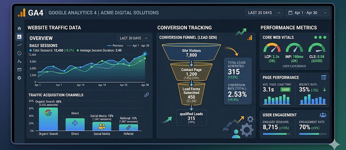 Google Analytics 4 dashboard showing website traffic data conversion tracking and performance metrics for professional business website management