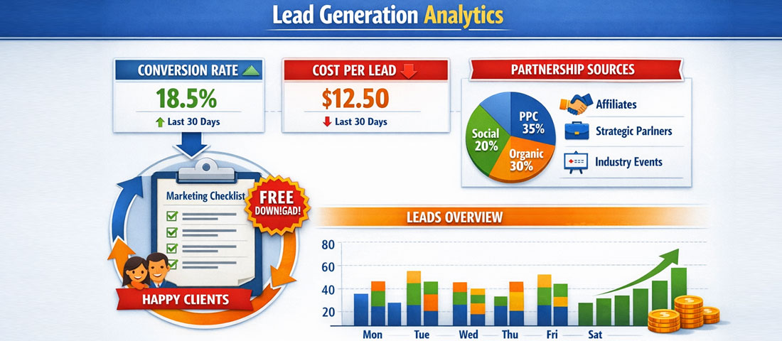 Lead generation analytics dashboard showing conversion rate, cost per lead and source attribution data