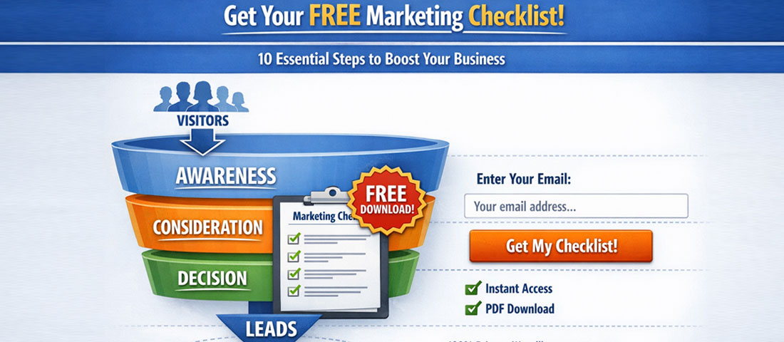 Example lead magnet landing page with email capture form and free checklist download offer