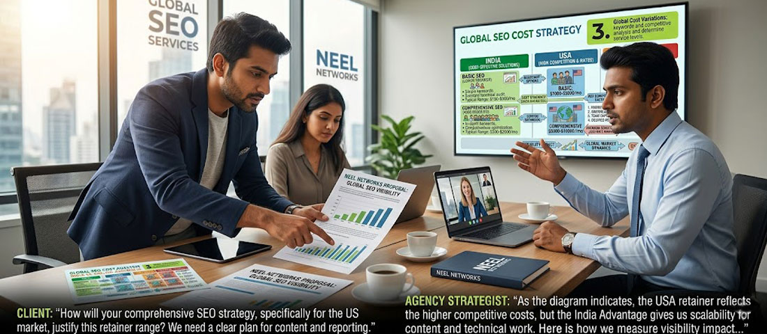 Business owner evaluating SEO agency asking questions during proposal meeting to select the right SEO partner for their business