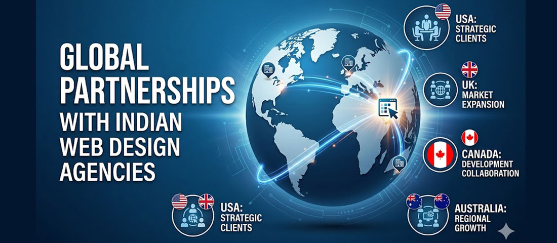 Global businesses outsourcing web design to India showing connections from India to USA UK Canada and Australia on world map